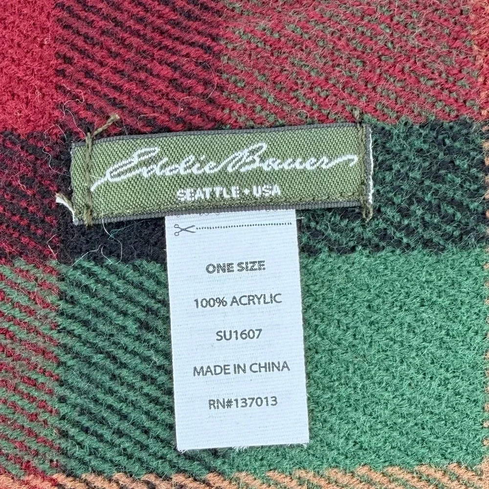 Eddie Bauer Plaid Scarf Acrylic Red Green Black‎ Fringe One Size NWOT